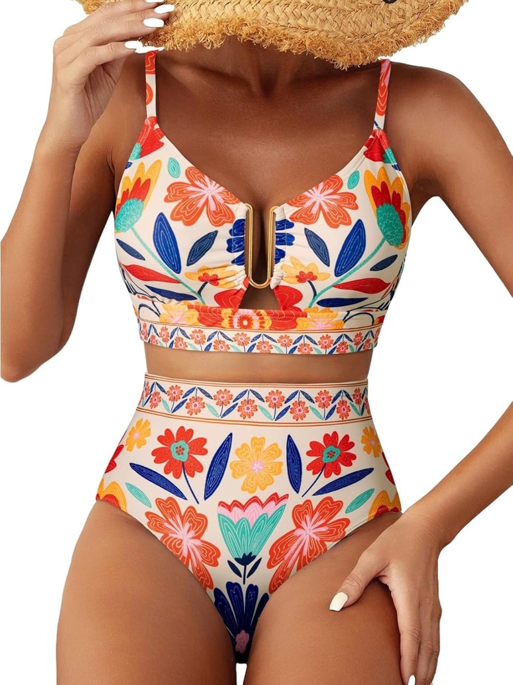 Floral High Waisted U Wire Bikini Floral Print Crisscross Back Herseas nwot